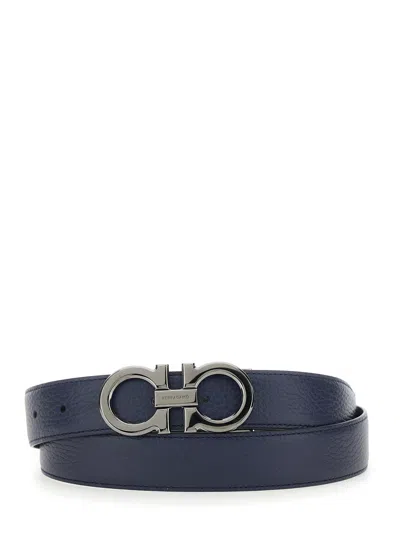 Ferragamo Blue Reversible Belt With Gancini Buckle In Hammered Leather Man