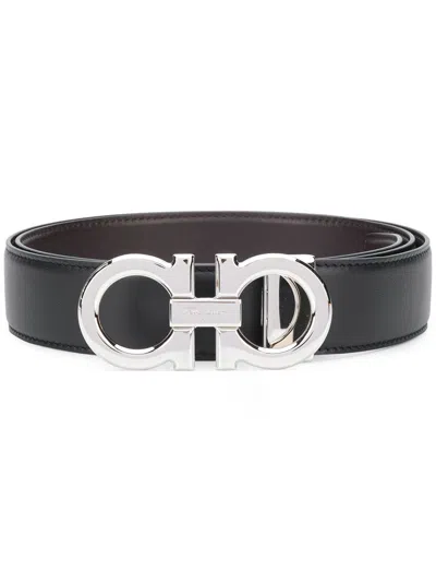 Ferragamo Men Polished Finish Gancini Reversible Belt In Black