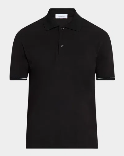 Ferragamo Men's Polo Shirt With Neck Signature In Black