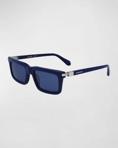 Ferragamo Men's Prisma Modified Acetate Rectangle Sunglasses, 53mm In Blue Navy