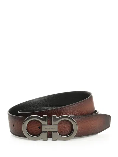 Ferragamo Reversible And Adjustable Gancini Belt In Brown