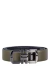 Ferragamo Reversible And Adjustable Gancini Belt In New Olive Nero