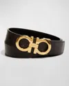 Ferragamo Men's Reversible Double-gancini Leather Belt In Brown