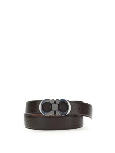 Ferragamo Men Reversible Gancini Belt In Brown