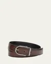 Ferragamo Men's Reversible Leather Curve-buckle Belt In Brown