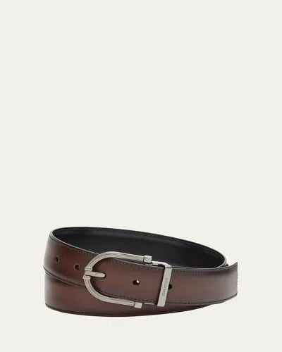 Ferragamo Men's Reversible Leather Curve-buckle Belt In Brown