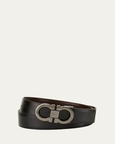 Ferragamo Men's Reversible Leather Double-gancio Belt In Black/brown
