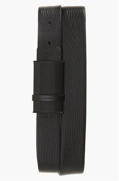 Pre-owned Ferragamo Men's Reversible Leather Plate Belt Nero/marine Blue Retail $495