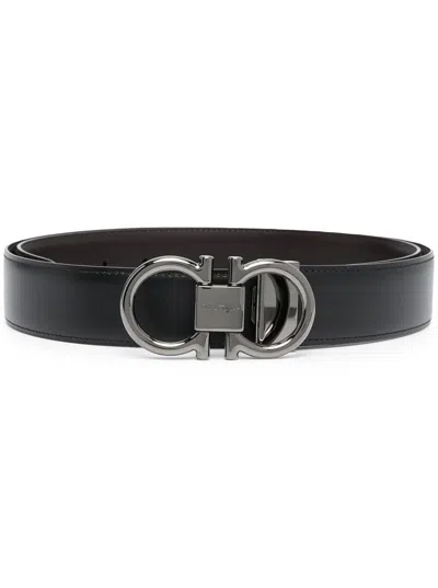 Ferragamo Men's Reversible Smooth Leather Belt With Hook Detail, 3.5 Cm Width In Black