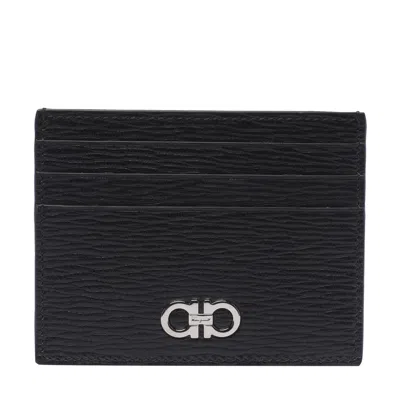 Ferragamo Black Card Holder With Gancini Plaque On The Front In Leather Man