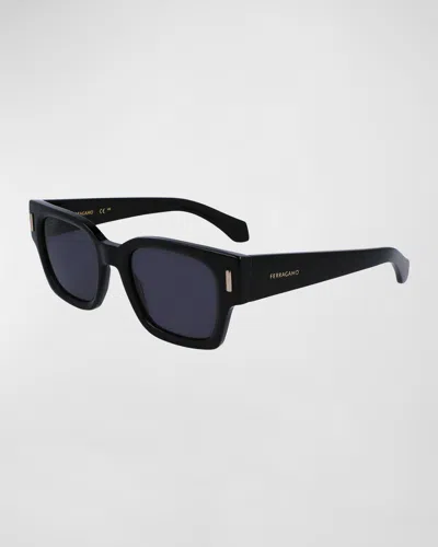 Ferragamo Men's Rivets Acetate Rectangle Sunglasses, 52mm In Black