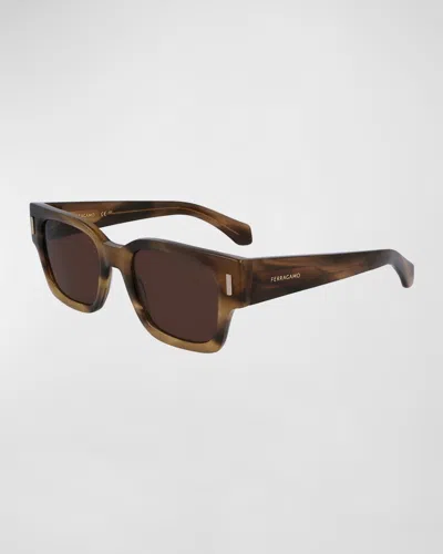Ferragamo Men's Rivets Acetate Rectangle Sunglasses, 52mm In Striped Khaki
