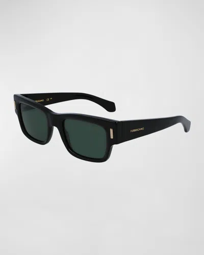 Ferragamo Men's Rivets Acetate Rectangle Sunglasses, 53mm In Black