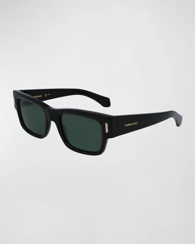 FERRAGAMO MEN'S RIVETS ACETATE RECTANGLE SUNGLASSES, 53MM