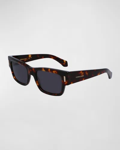 FERRAGAMO MEN'S RIVETS ACETATE RECTANGLE SUNGLASSES, 53MM