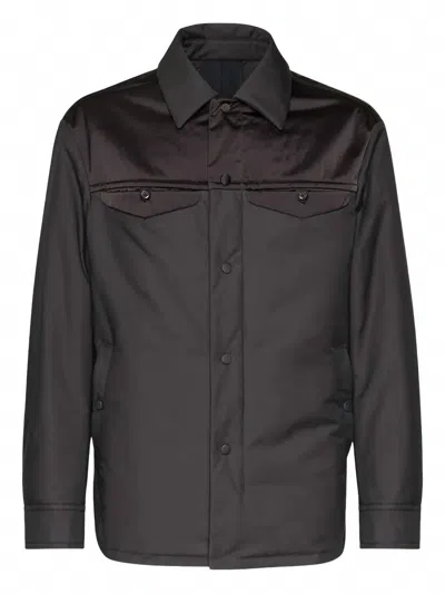 FERRAGAMO MEN'S SATIN PANEL SHIRT JACKET IN BLACK