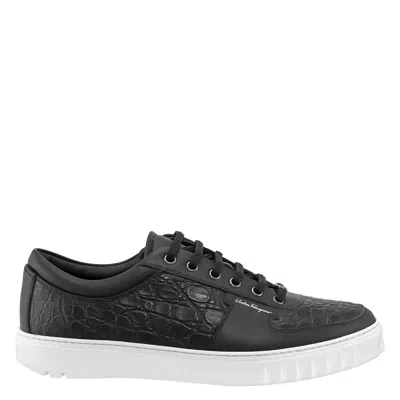 Ferragamo Men's Scuby Black Croco Leather Low-top Sneakers