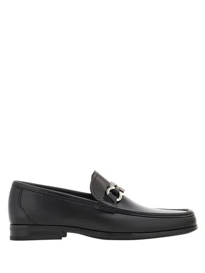 Ferragamo Men Silver Gancini Smooth Leather Loafers In Black