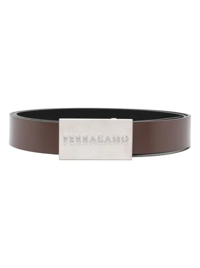 Ferragamo Men Squared Buckle Smooth Leather Reversible Belt In Brown