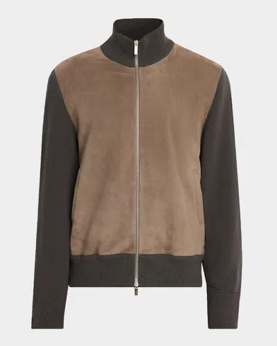 FERRAGAMO MEN'S SUEDE AND WOOL FULL-ZIP BLOUSON