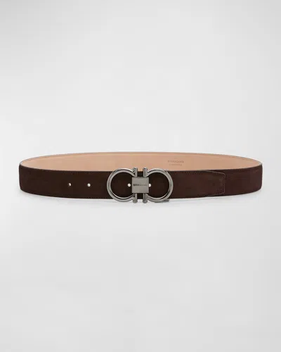 Ferragamo Men's Suede Gancini Belt In Brown