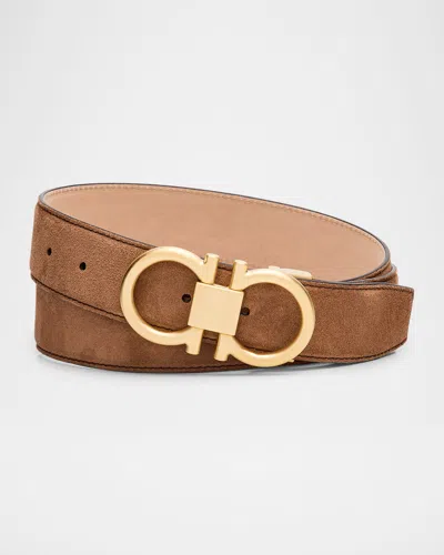 Ferragamo Men's Suede Gancini-buckle Belt In Brown