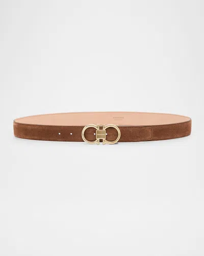 Ferragamo Men's Suede Gancini-buckle Belt In Midbrown