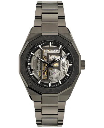 Ferragamo Men's Swiss Automatic Edge Skeleton Gunmetal Ion Plated Bracelet Watch 42mm