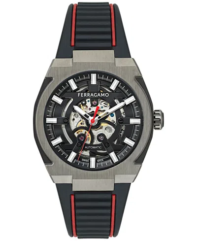FERRAGAMO MEN'S SWISS AUTOMATIC SUPREME SKELETON BLACK POLYURETHANE STRAP WATCH 43MM
