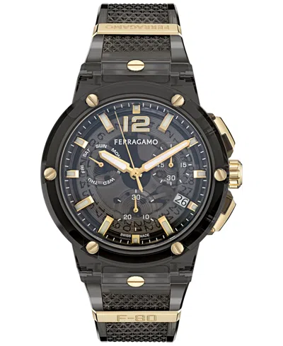 FERRAGAMO MEN'S SWISS CHRONOGRAPH F-80 TRANSLUCENT BLACK POLYURETHANE STRAP WATCH 44MM