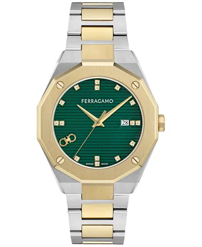 Ferragamo Men's Swiss Edge Diamond (1/10 Ct. T.w.) Two-tone Stainless Steel Bracelet Watch 40mm In Multi