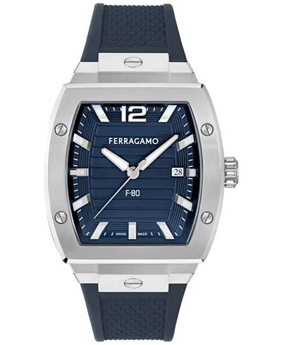 Ferragamo Men's Swiss F-80 Tonneau Blue Polyurethane Strap Watch 42mm In Silver