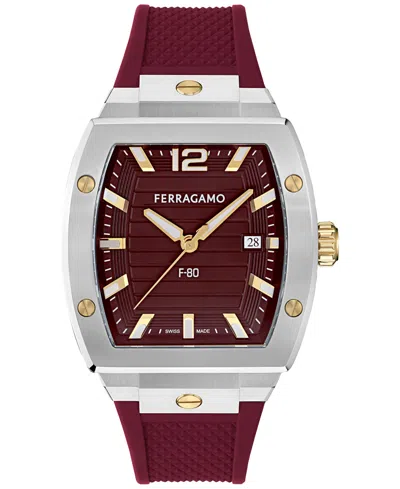 Ferragamo Men's Swiss F-80 Tonneau Burgundy Polyurethane Strap Watch 42mm In Silver