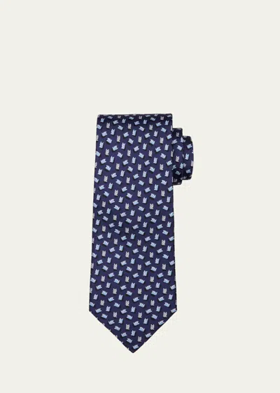 Ferragamo Man Teddy Bear Print Silk Tie In Navy Blue