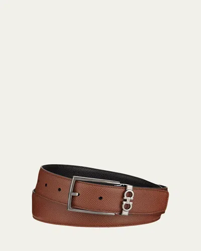 Ferragamo Men's Textured Leather Belt With Gancini Detail In Sand