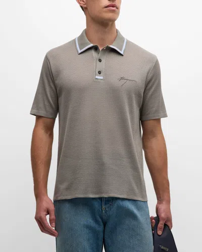 Ferragamo Men's Tipped Mesh Polo Shirt In Gray