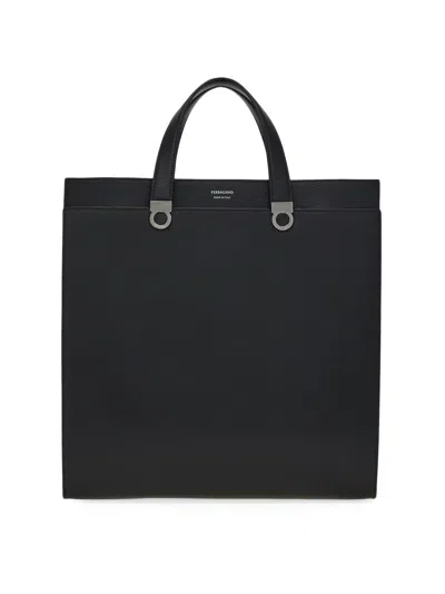 Ferragamo Men's Trading Hammered Leather Tote In Black