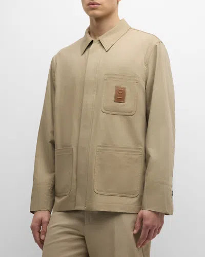 Ferragamo Men's Twill Overshirt With Patch Pockets In Sand