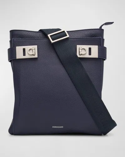 Ferragamo Men's Twins Gancini-buckle Leather Crossbody Bag In Midnight
