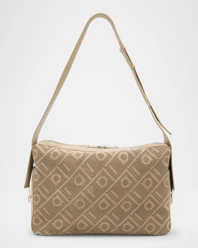Ferragamo Men's Twins Perforated Leather Crossbody Bag In Safari