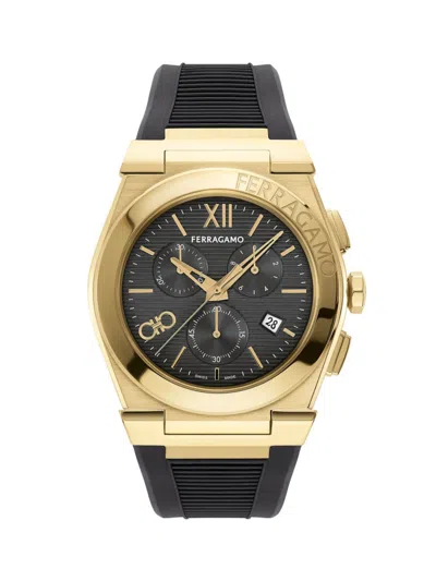 Ferragamo Men's Vega Chrono Ip Yellow Gold-plated Stainless Steel & Woven Strap Watch/42mm In Black