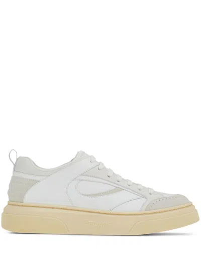 Ferragamo Men's White Leather Sneakers With Panel Design And Logo Details