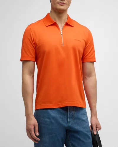 Ferragamo Men's Zip Logo Polo Shirt In Mandarin