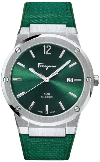 Pre-owned Ferragamo Mens F-80 Sfdt00519 Classic Watch Green Silicone Strap Steel Dial 42mm