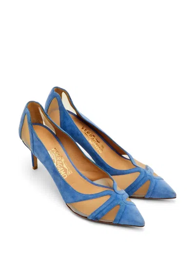 Pre-owned Ferragamo Mesh Suede-panelled Pumps In Blue