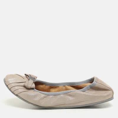 Pre-owned Ferragamo Metallic Beige Suede Vara Bow Scrunch Ballet Flats Size 38