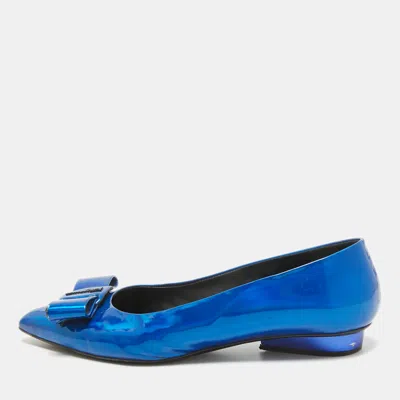 Ferragamo Metallic Blue Patent Leather Viva Bow Ballet Flats In Multi