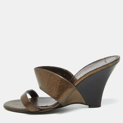 Ferragamo Metallic Brown Leather Slide Wedge Sandals In Multi