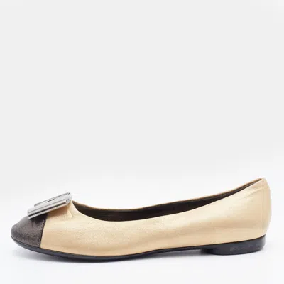 Ferragamo Metallic Gold/black Leather Cap Toe Metal Trim Ballet Flats