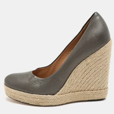 Ferragamo Metallic Grey Leather Wedge Espadrille Pumps In Gray